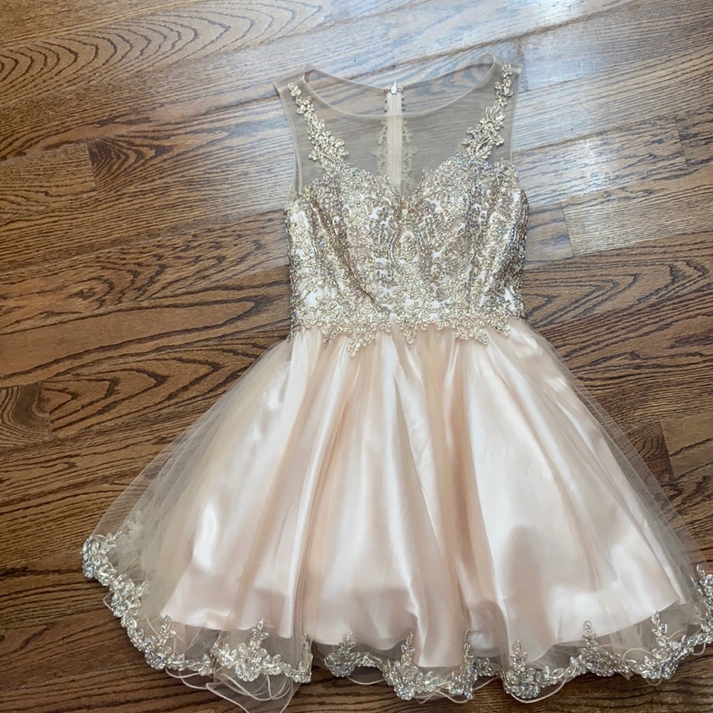 Champagne Semi Formal Dress with Multi Colored Jewels, Size Small